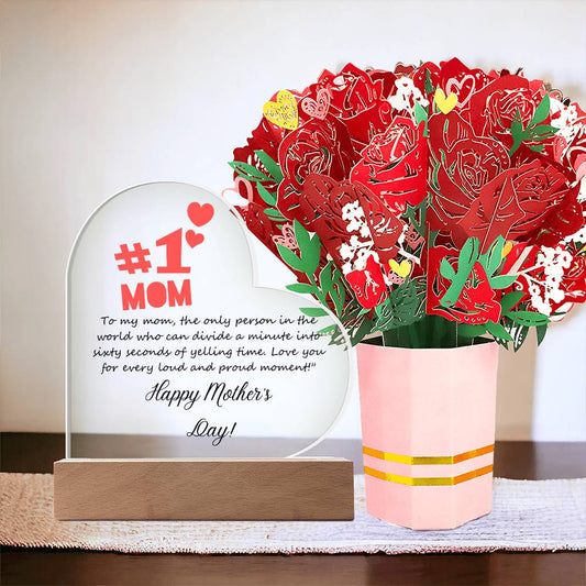 Mother's Day Laughter & Love Bundle: Acrylic Plaque Heart & Flower Bouquet